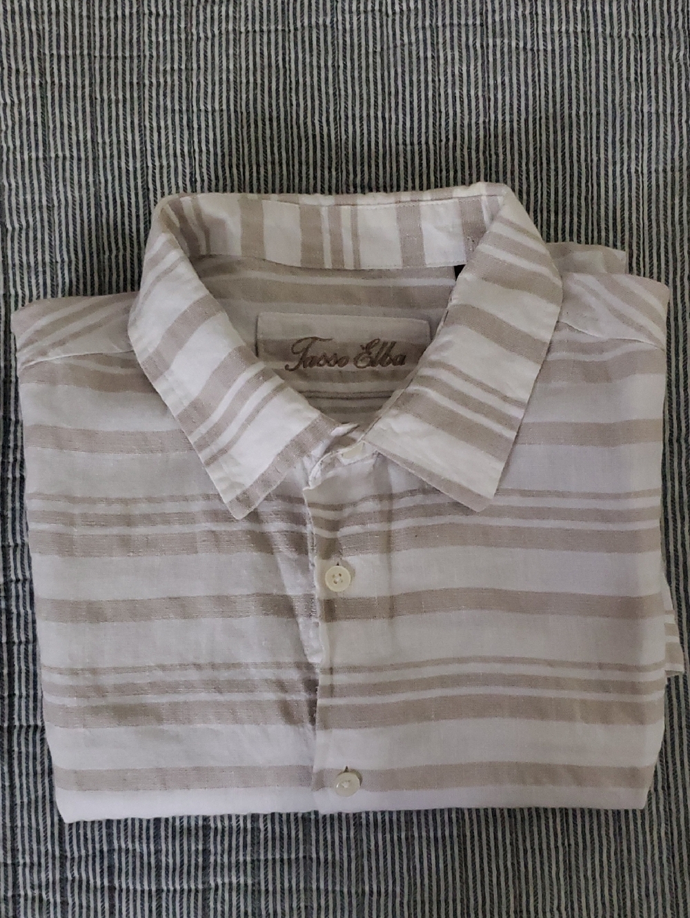 Tasso Elba Cream and Tan Striped Casual Button-Down Shirt